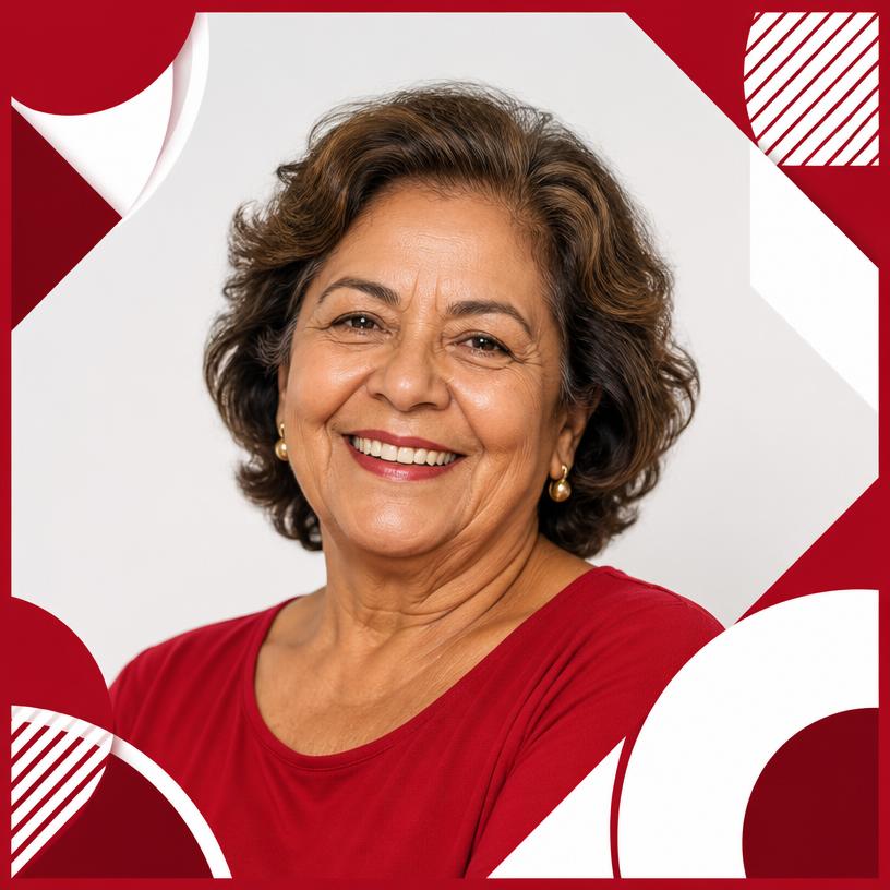 Simulação de foto de apoiadora com moldura vermelha de campanha